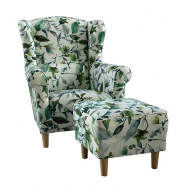 ASTRID fotel+puff, zöld leveles minta