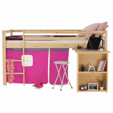 ALZENA ágy kihúzható asztallal, fenyő/rózsaszín